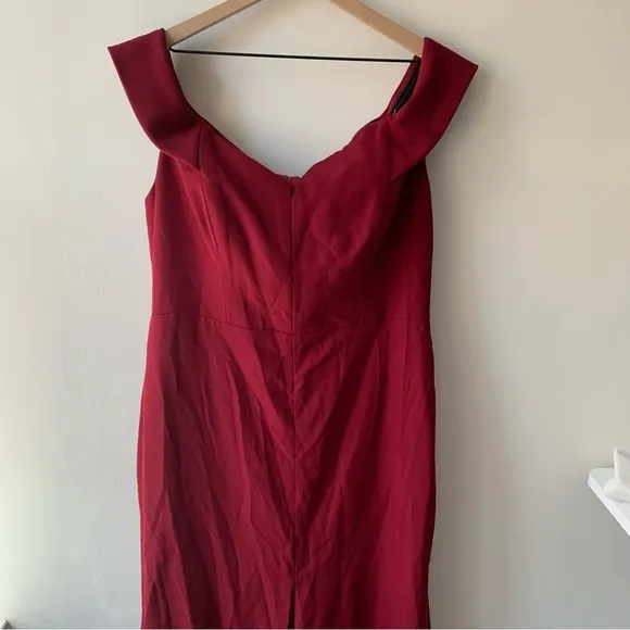 Dessy Collection OFF-THE-SHOULDER NOTCH TRUMPET GOWN FRONT SLIT BURGUNDY Sz 18