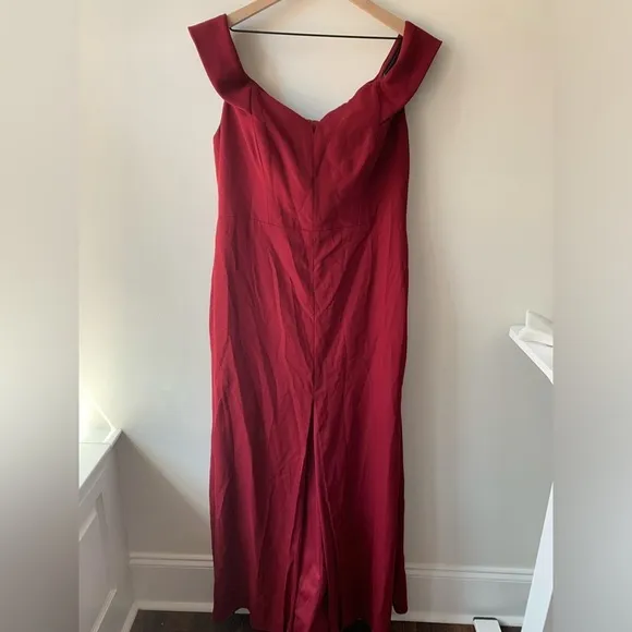 Dessy Collection OFF-THE-SHOULDER NOTCH TRUMPET GOWN FRONT SLIT BURGUNDY Sz 18