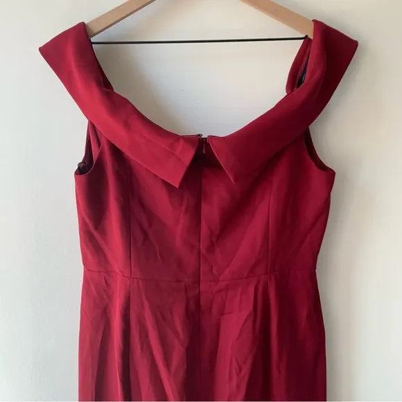 Dessy Collection OFF-THE-SHOULDER NOTCH TRUMPET GOWN FRONT SLIT BURGUNDY Sz 18