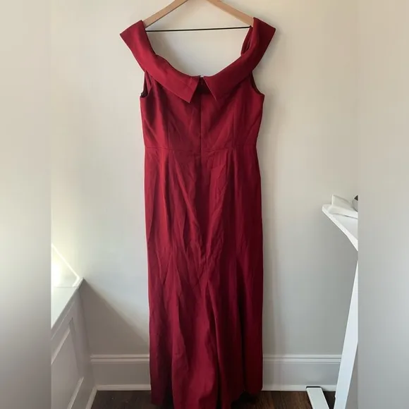 Dessy Collection OFF-THE-SHOULDER NOTCH TRUMPET GOWN FRONT SLIT BURGUNDY Sz 18