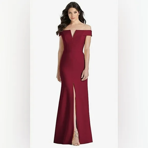 Dessy Collection OFF-THE-SHOULDER NOTCH TRUMPET GOWN FRONT SLIT BURGUNDY Sz 18