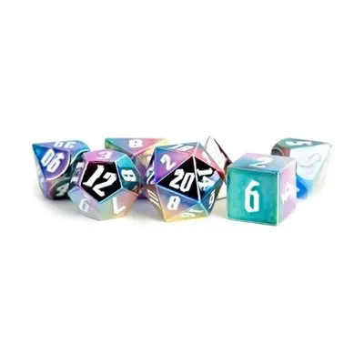 Dice: Aluminum Plated Acrylic 16mm 7pc Set: Rainbow Aegis w / White Numbers