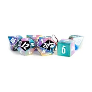 Dice: Aluminum Plated Acrylic 16mm 7pc Set: Rainbow Aegis w / White Numbers
