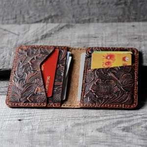 Distressed Men's Minimalist Leather  Wallet Card Holder Flower Brown