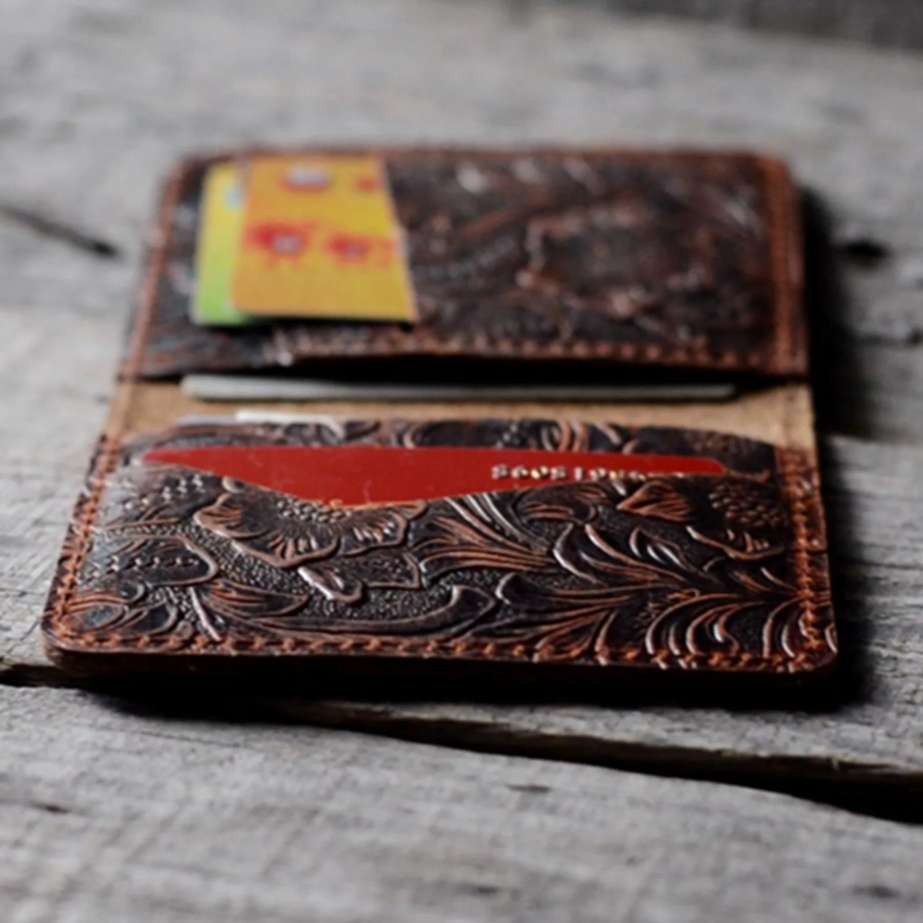 Distressed Men's Minimalist Leather  Wallet Card Holder Flower Brown