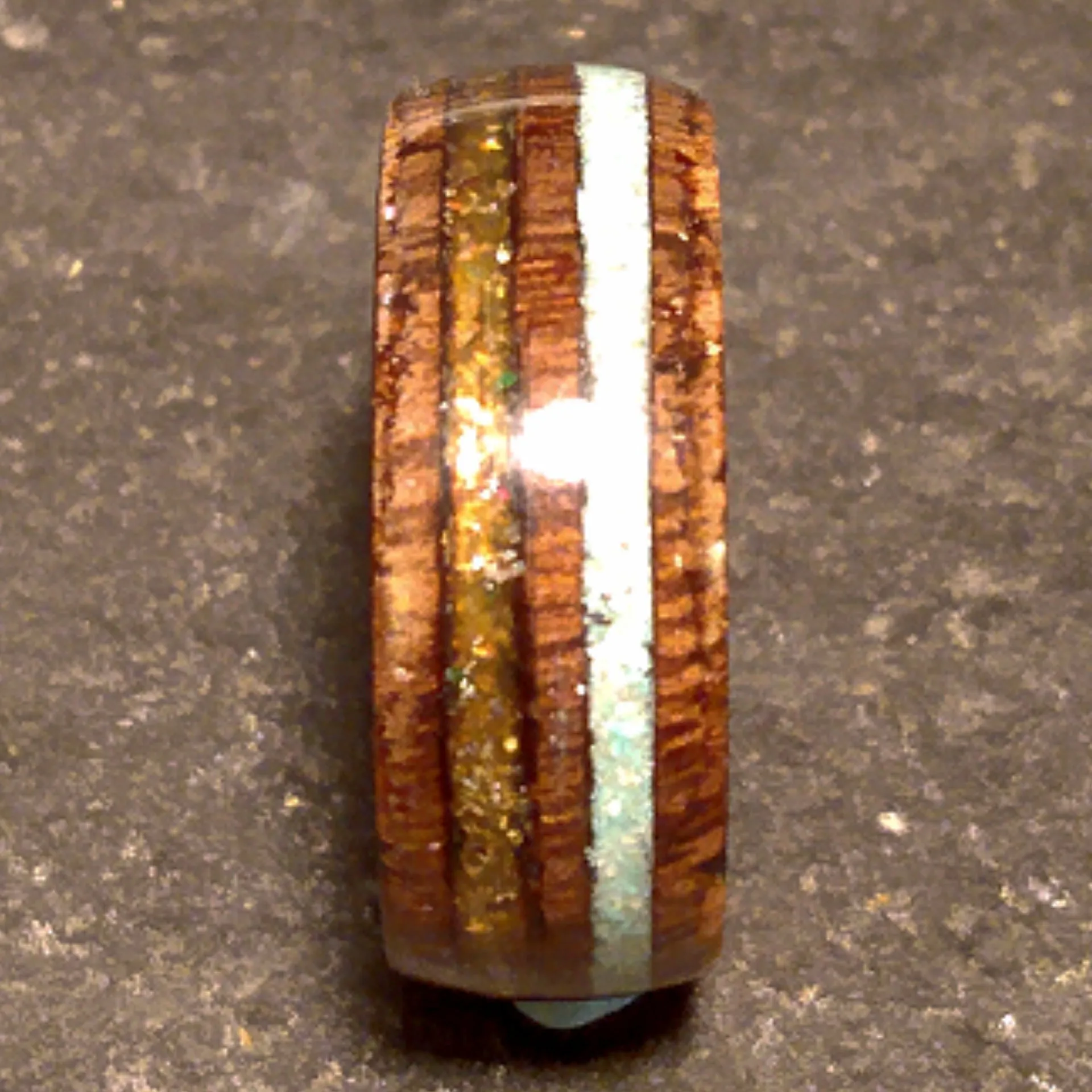 Dual Channel Ancient Bog Oak Turquoise and Mexican Fire Opal Bentwood Ring