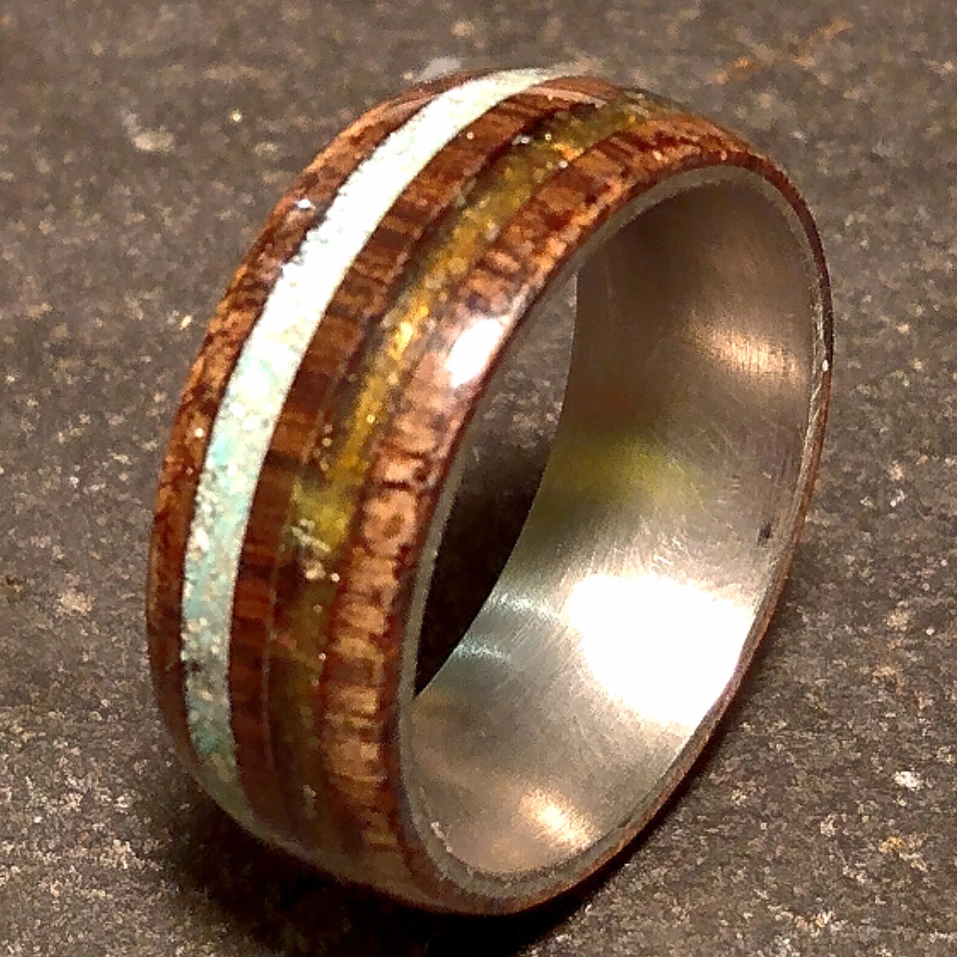 Dual Channel Ancient Bog Oak Turquoise and Mexican Fire Opal Bentwood Ring