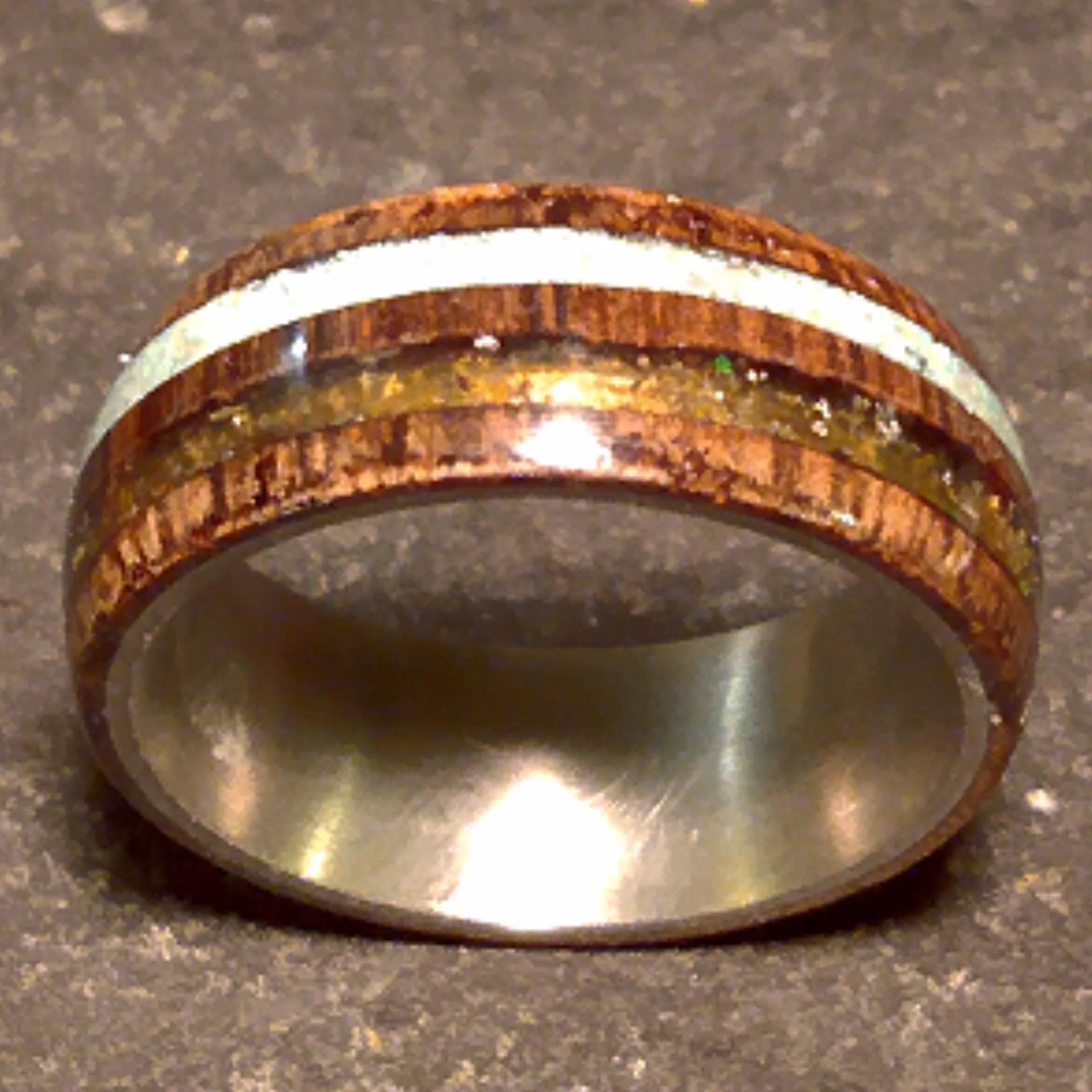 Dual Channel Ancient Bog Oak Turquoise and Mexican Fire Opal Bentwood Ring