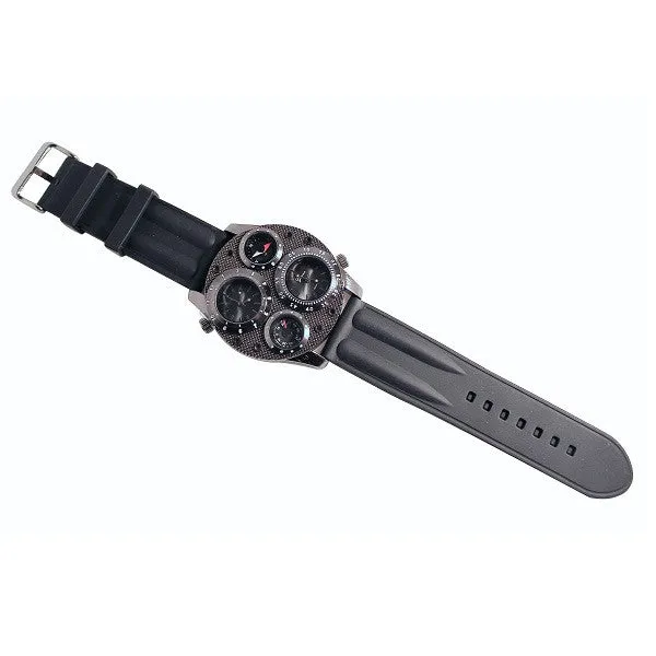 Dual Time Thermometer Compass Mens Black Watch