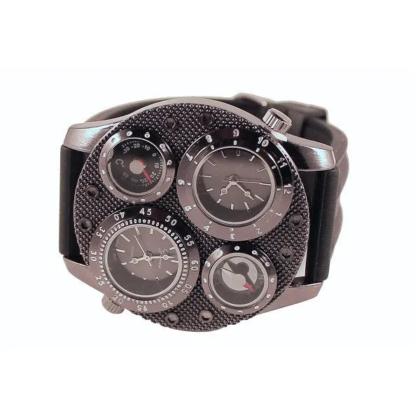 Dual Time Thermometer Compass Mens Black Watch