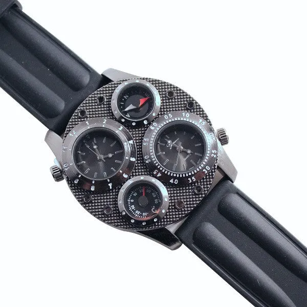 Dual Time Thermometer Compass Mens Black Watch