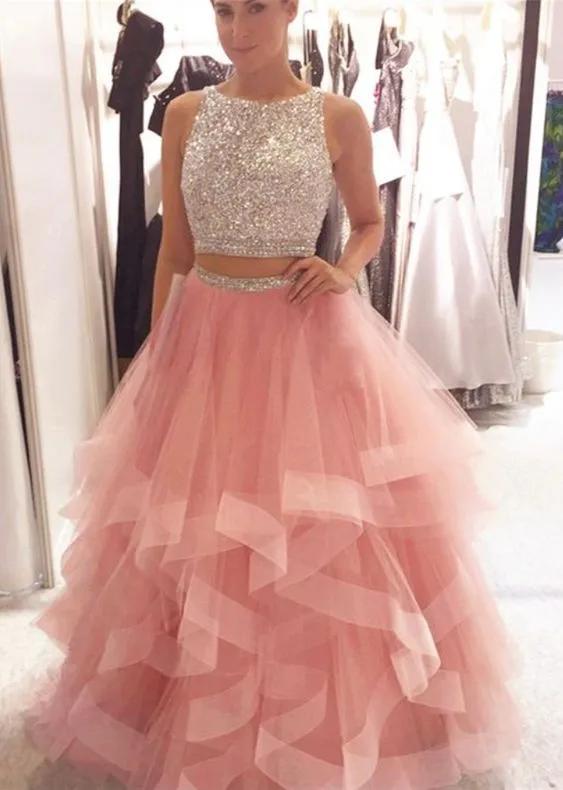 dusty pink beaded prom dresses long tiered crystals sleeveless elegant 2 pieces prom gown