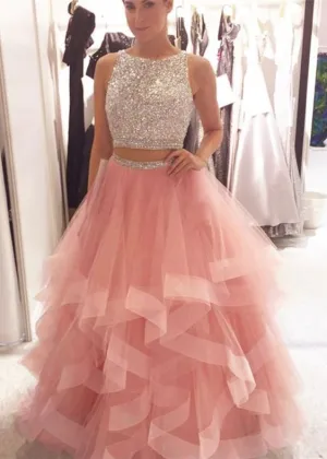 dusty pink beaded prom dresses long tiered crystals sleeveless elegant 2 pieces prom gown