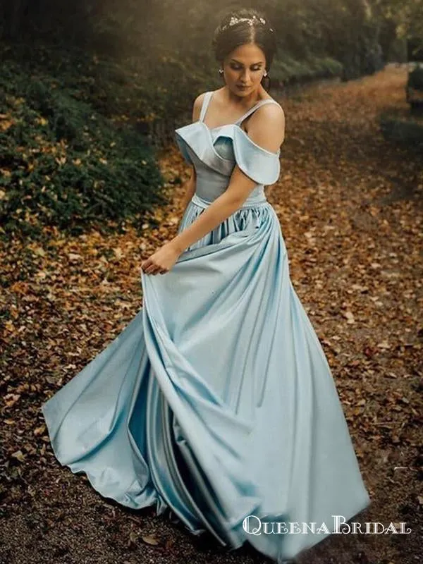 Elegant A-Line Off the Shoulder Blue Satin Long Prom Dresses, QB0570