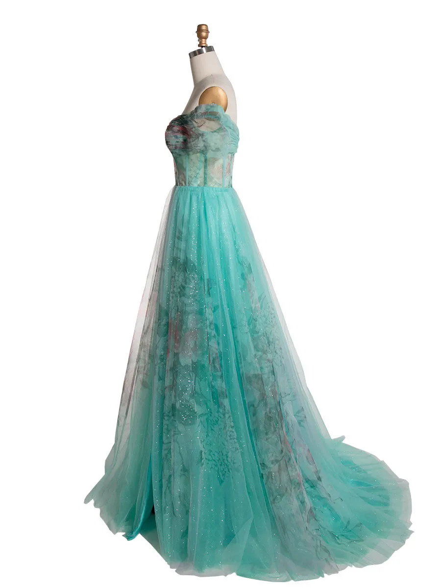 Elegant Aqua Floral Printed Off-Shoulder Prom Dress YE3022