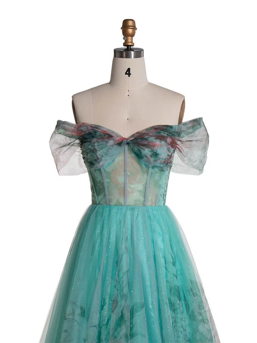 Elegant Aqua Floral Printed Off-Shoulder Prom Dress YE3022
