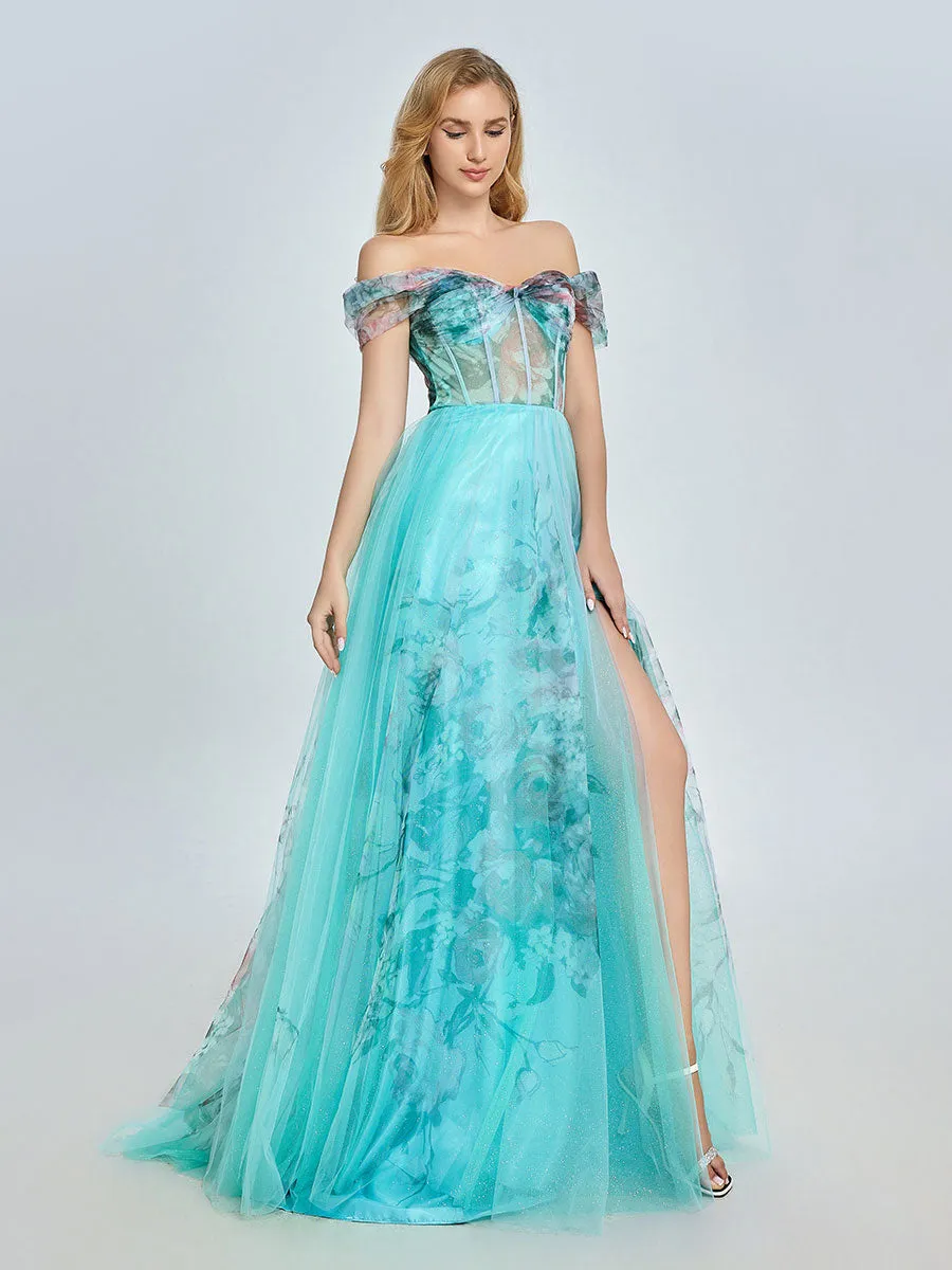 Elegant Aqua Floral Printed Off-Shoulder Prom Dress YE3022
