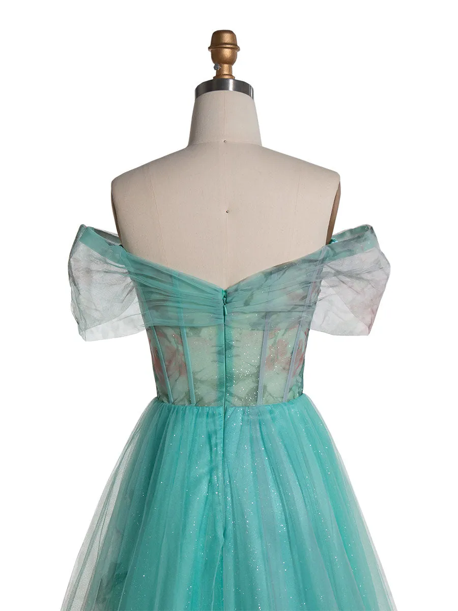 Elegant Aqua Floral Printed Off-Shoulder Prom Dress YE3022