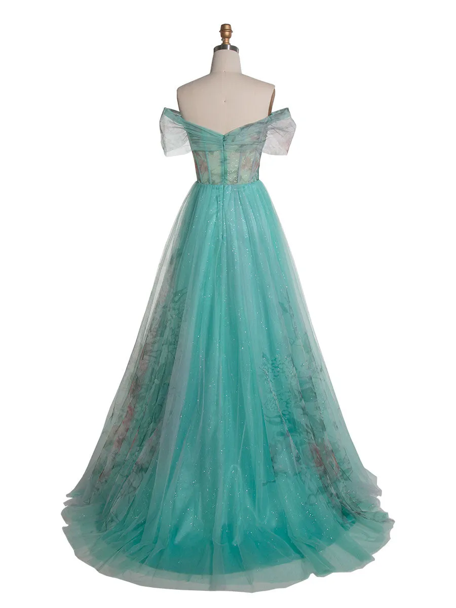 Elegant Aqua Floral Printed Off-Shoulder Prom Dress YE3022