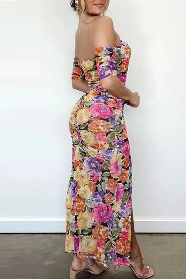Elegant Off-Shoulder Slit Print Dress
