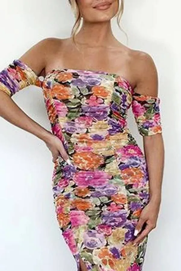 Elegant Off-Shoulder Slit Print Dress