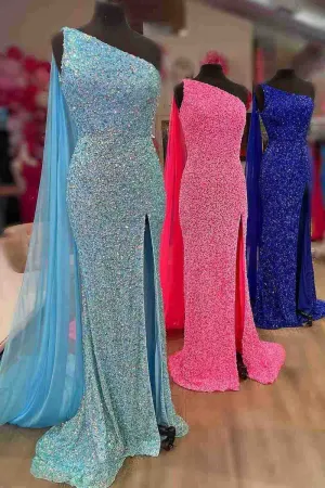 Elegant One-Shoulder Long Formal Dress with Shoulder Scarf