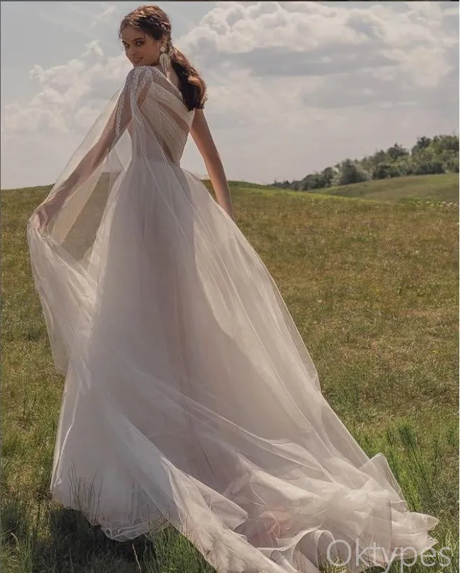 Elegant One Shoulder Tulle With Trailing A-Line White Long Wedding Dresses,WDS0148