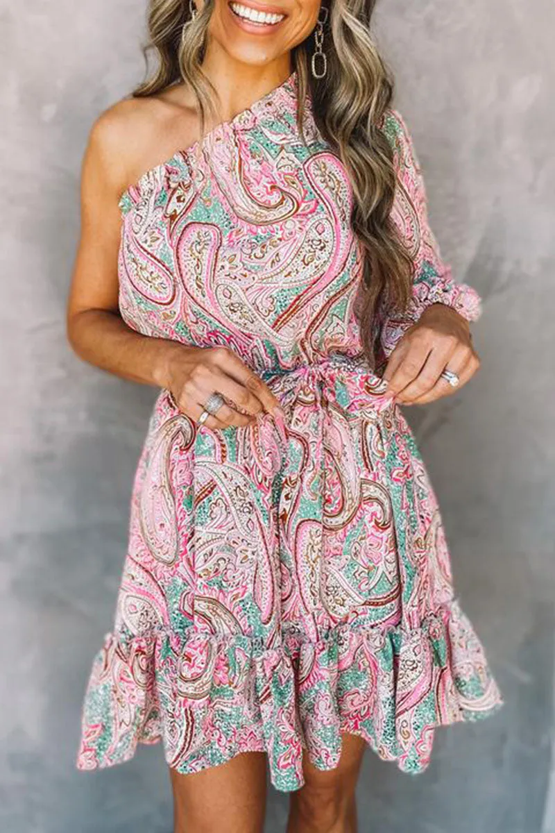 Elegant Print One Shoulder A Line Dresses
