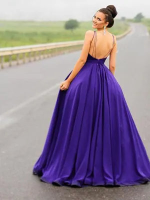 Elegant Purple round neck Long Backless Cheap Prom Dresses, QB0473