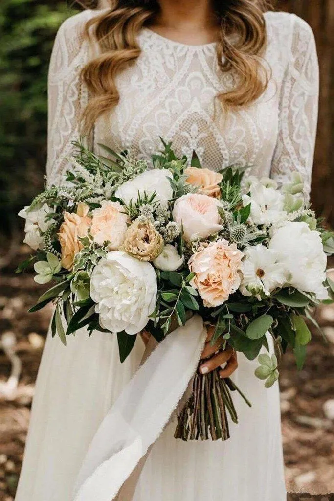 Elegant Scoop Long Sleeve Chiffon with Lace Backless Ivory Long Cheap Wedding Dresses, WDS0021