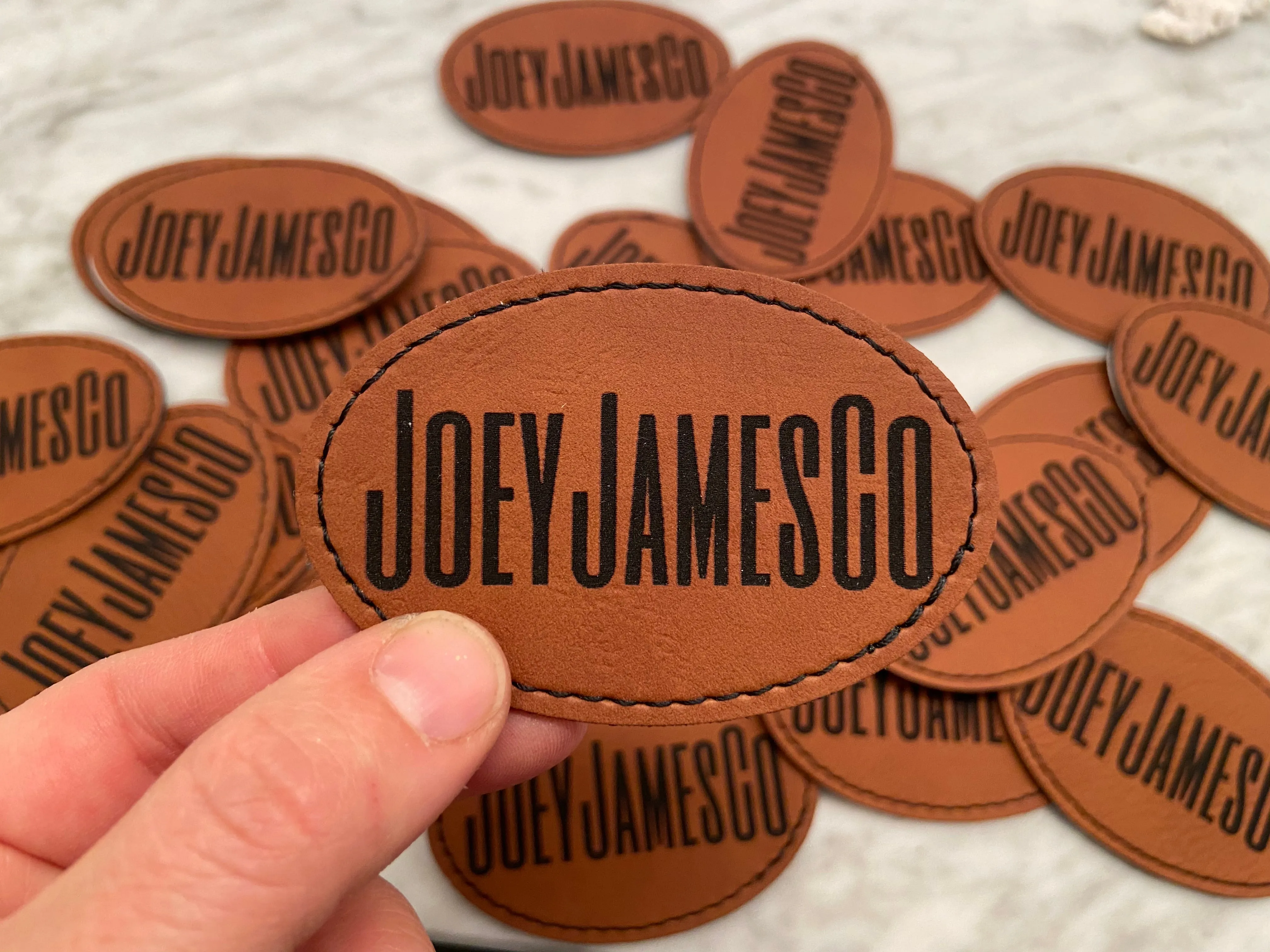 Engraved Oval Hat Patch | Logo Patch | Brown Leatherette
