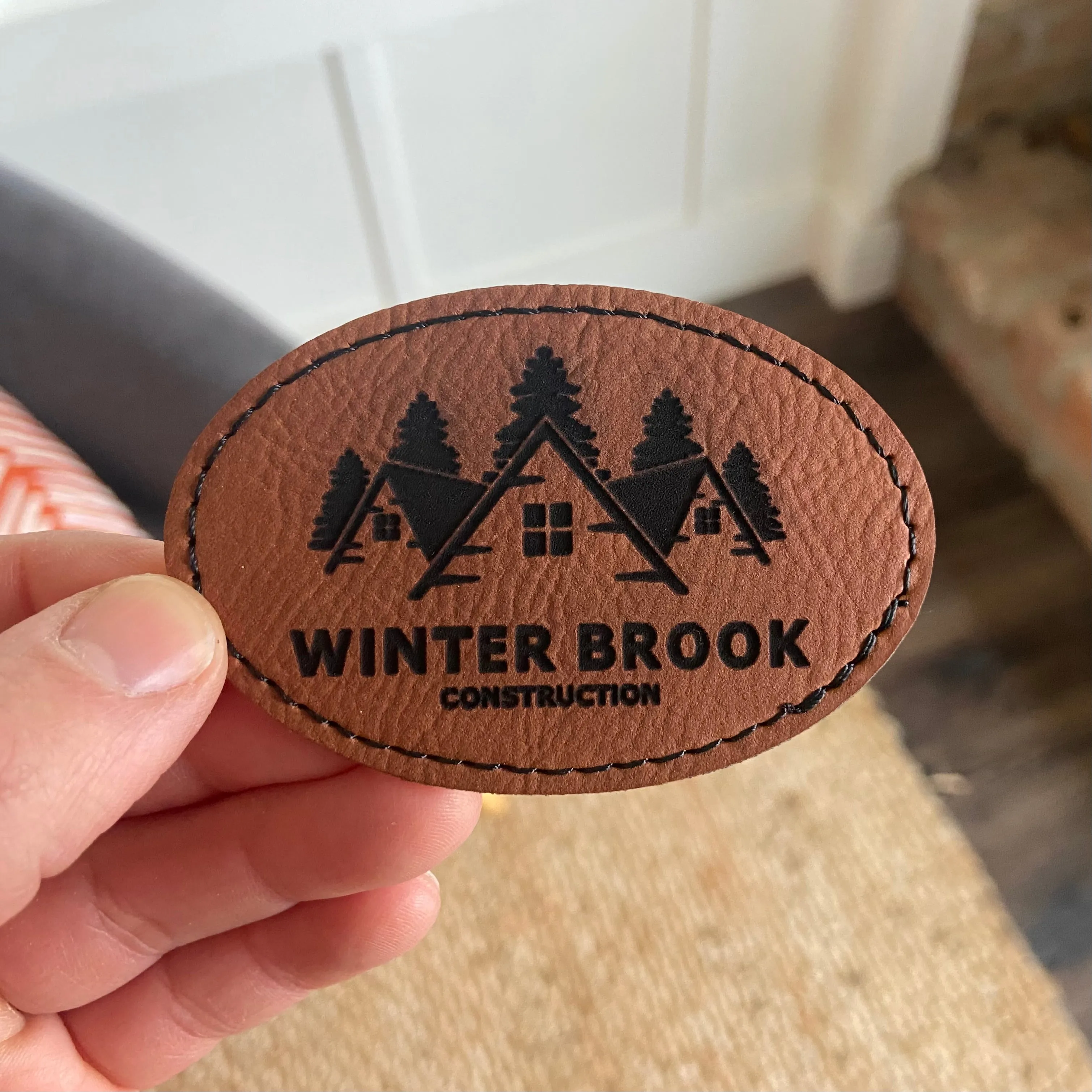 Engraved Oval Hat Patch | Logo Patch | Brown Leatherette