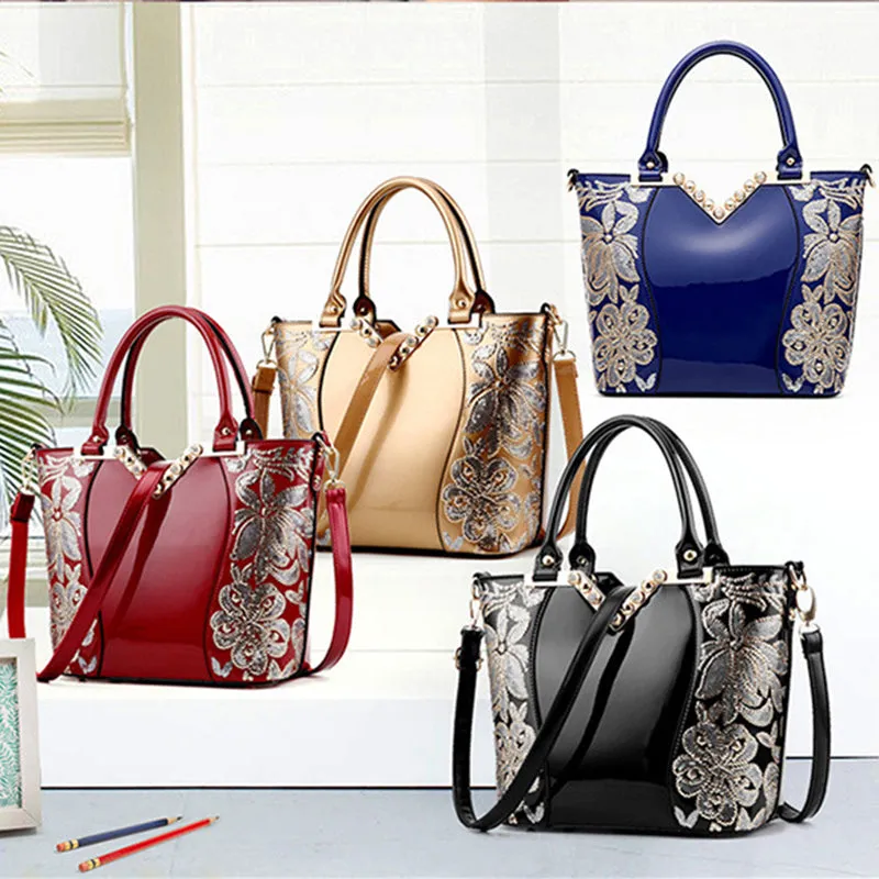 Fashion Black Embroidered Leather Shoulder Bag