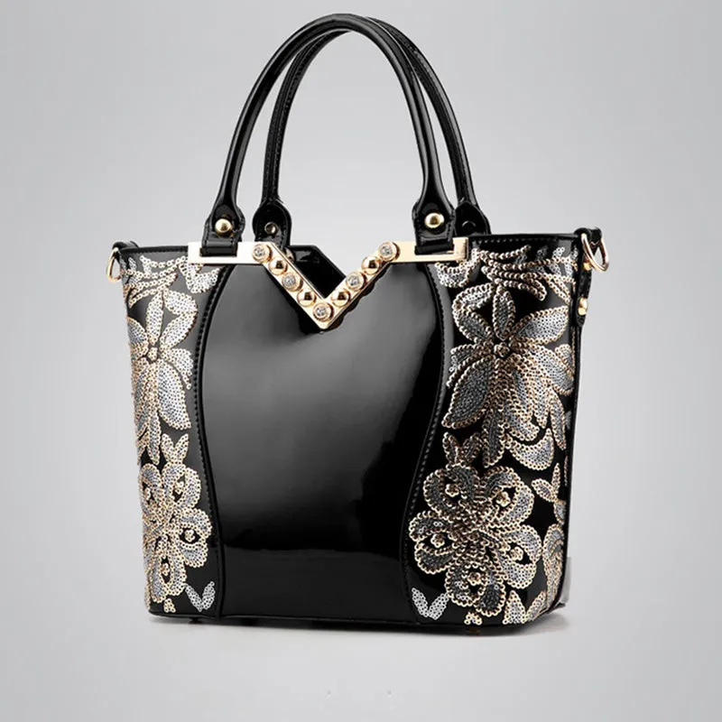 Fashion Black Embroidered Leather Shoulder Bag