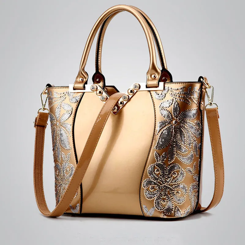 Fashion Black Embroidered Leather Shoulder Bag