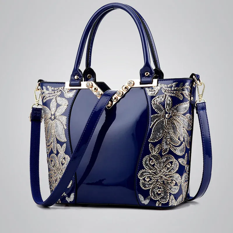 Fashion Black Embroidered Leather Shoulder Bag