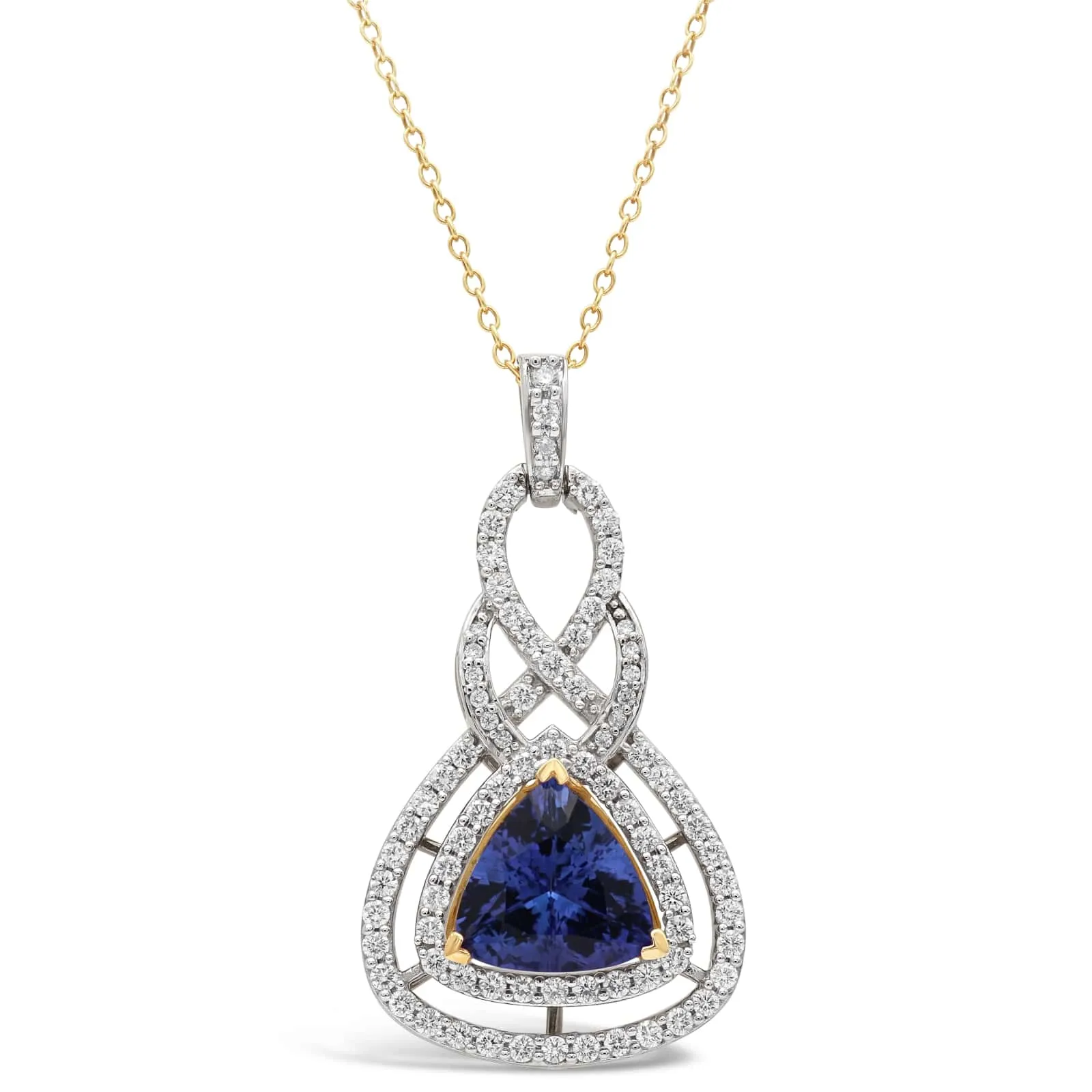 Fashion Swirl Trillion Tanzanite Pendant in Two-Tone Gold