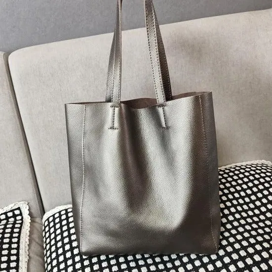 Fashion Womens Silver Leather Oversize Tote Bags Silver Shoulder Tote Bag Handbag Tote For Women