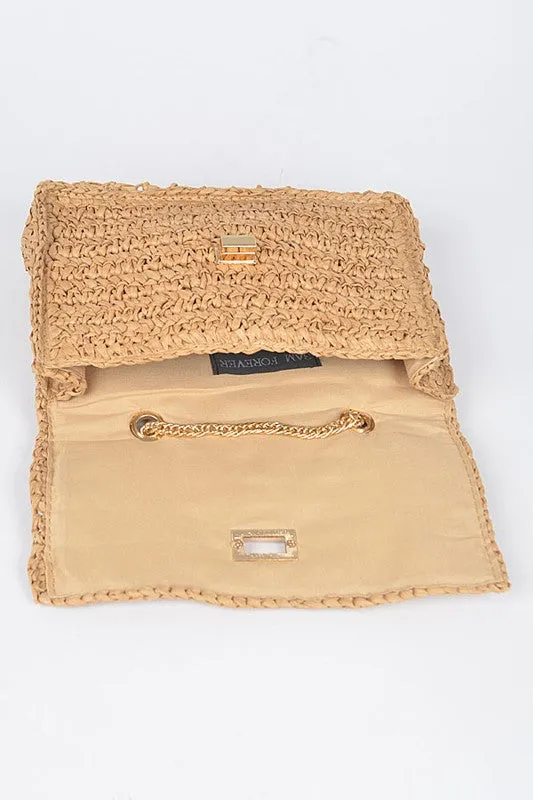 Faux Straw Turn Lock Shoulder Bag