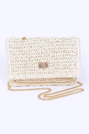 Faux Straw Turn Lock Shoulder Bag