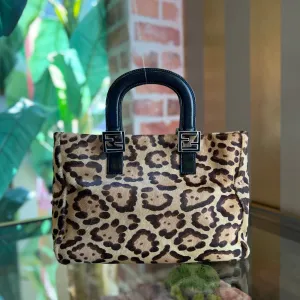 FENDI Brown Beige Vintage FF Handle Leopard Print Pony Hair Small Tote Bag