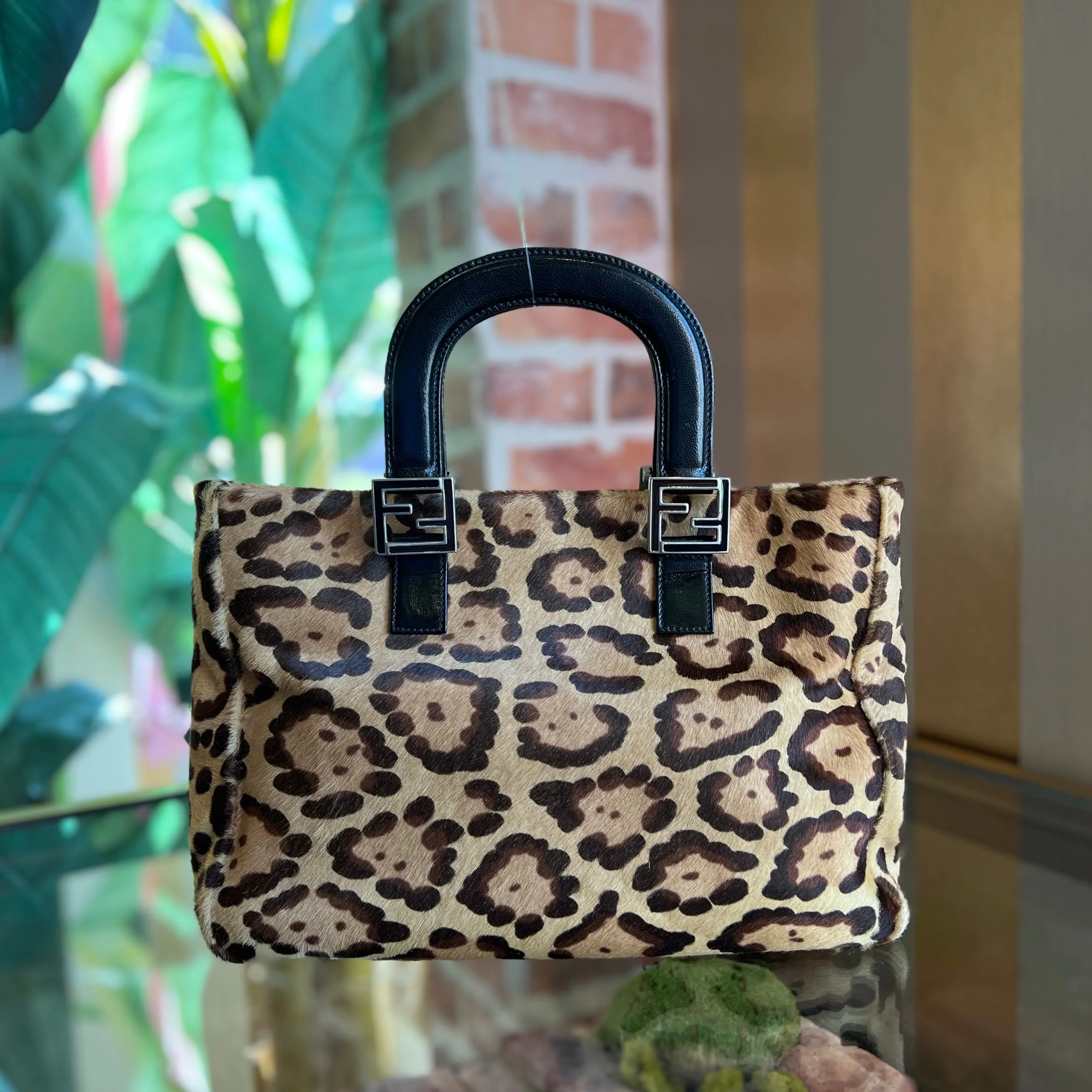 FENDI Brown Beige Vintage FF Handle Leopard Print Pony Hair Small Tote Bag