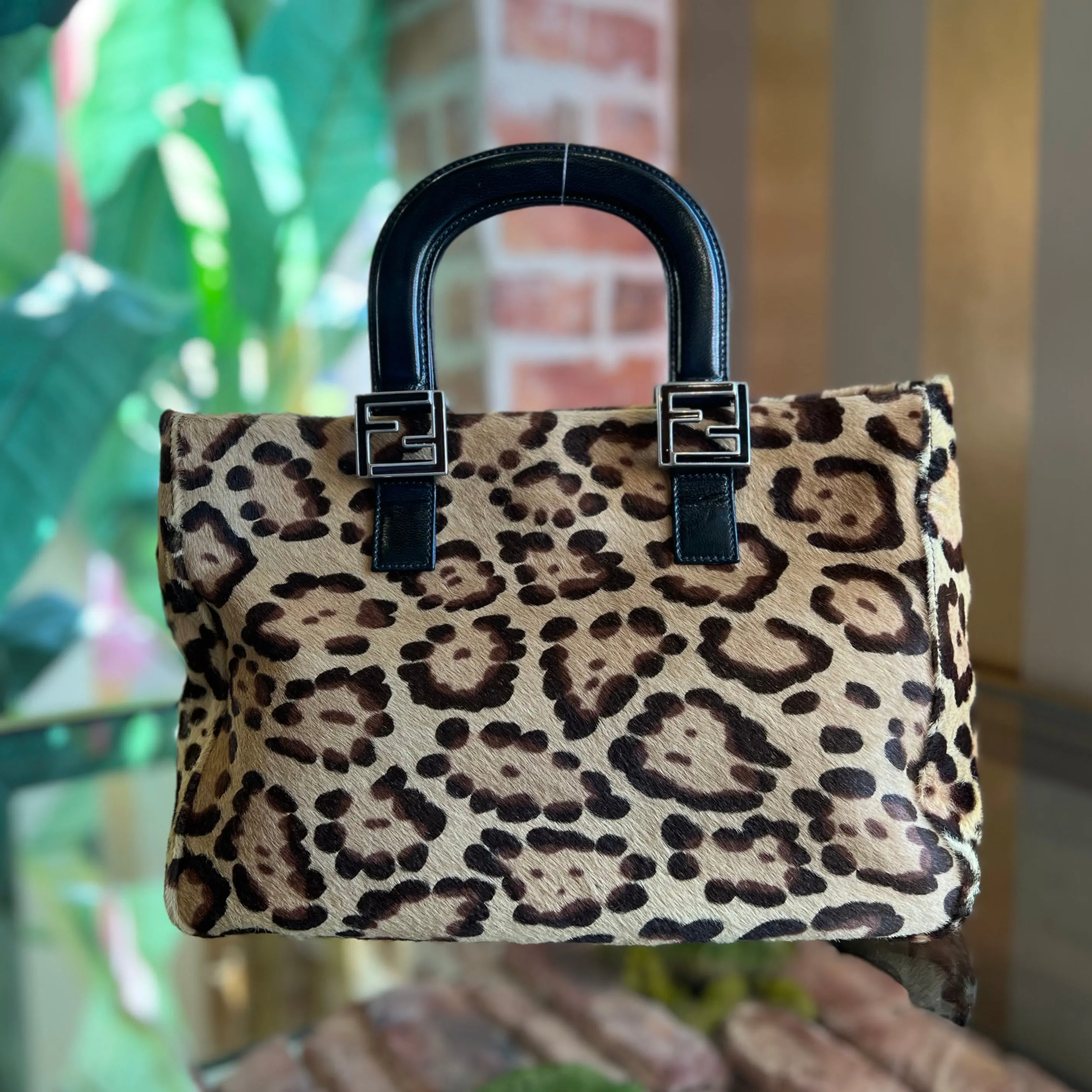 FENDI Brown Beige Vintage FF Handle Leopard Print Pony Hair Small Tote Bag