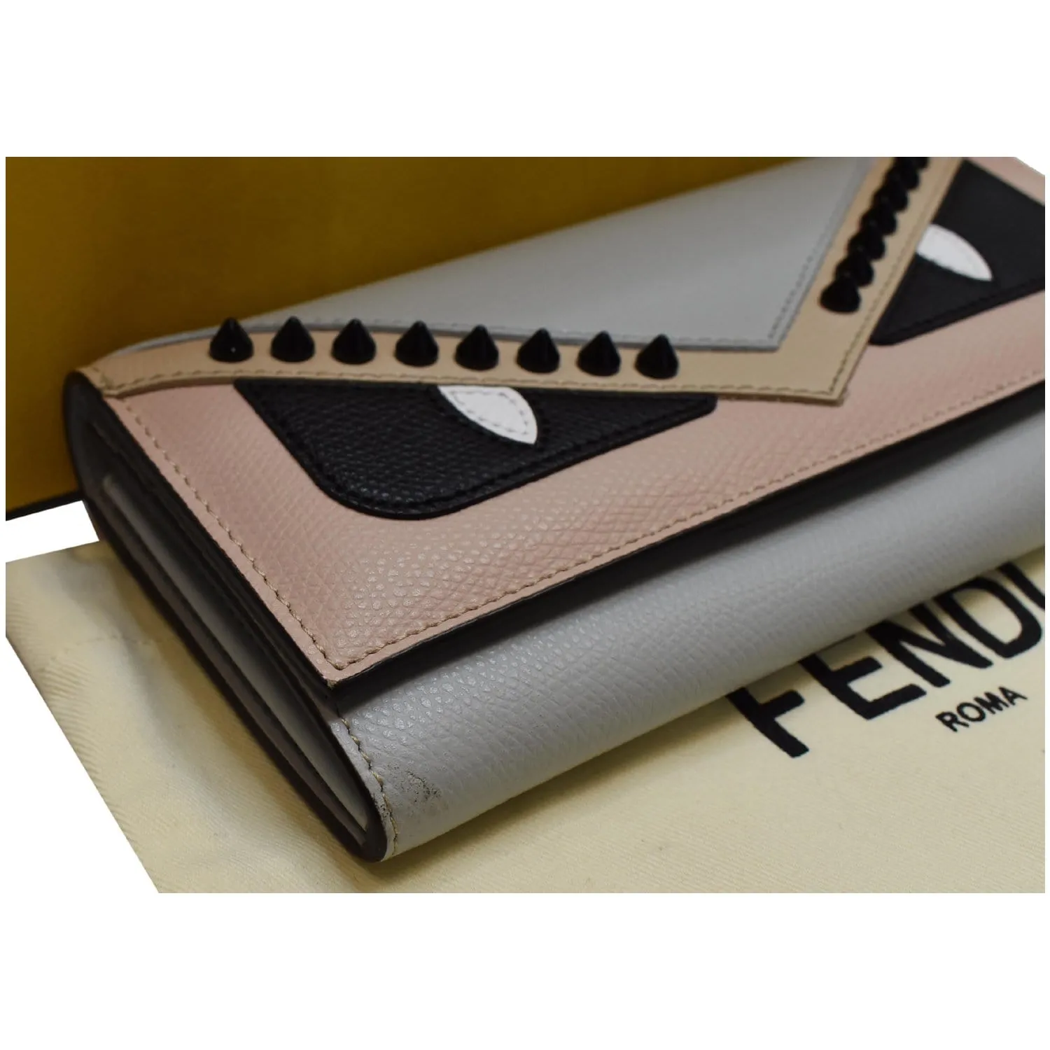FENDI Monster Studs Leather Bugs Continental Wallet Grey