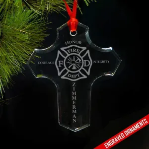 Firefighter PERSONALIZED Cross Premium Engraved Glass Ornament