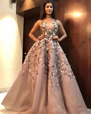 floral prom dresses long a line sleeveless beaded dusty pink elegant prom gown vestido de Longo