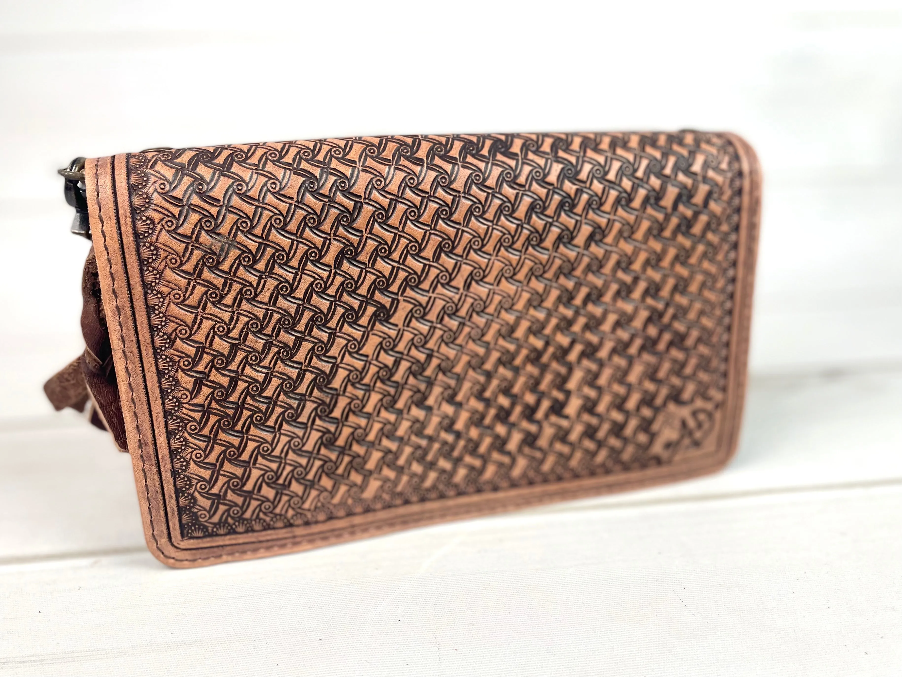 Floral Tooled Leather Red & Cream Wool Inset Carryall Wallet