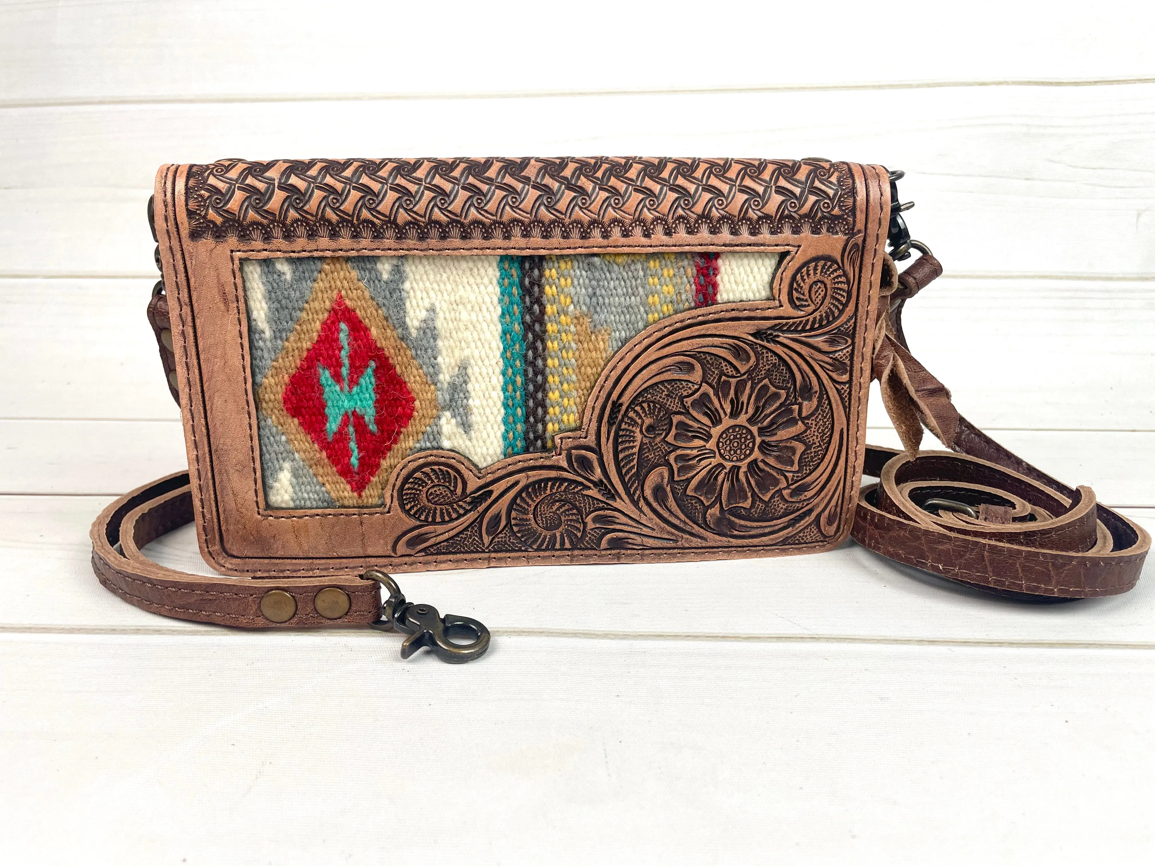 Floral Tooled Leather Red & Cream Wool Inset Carryall Wallet
