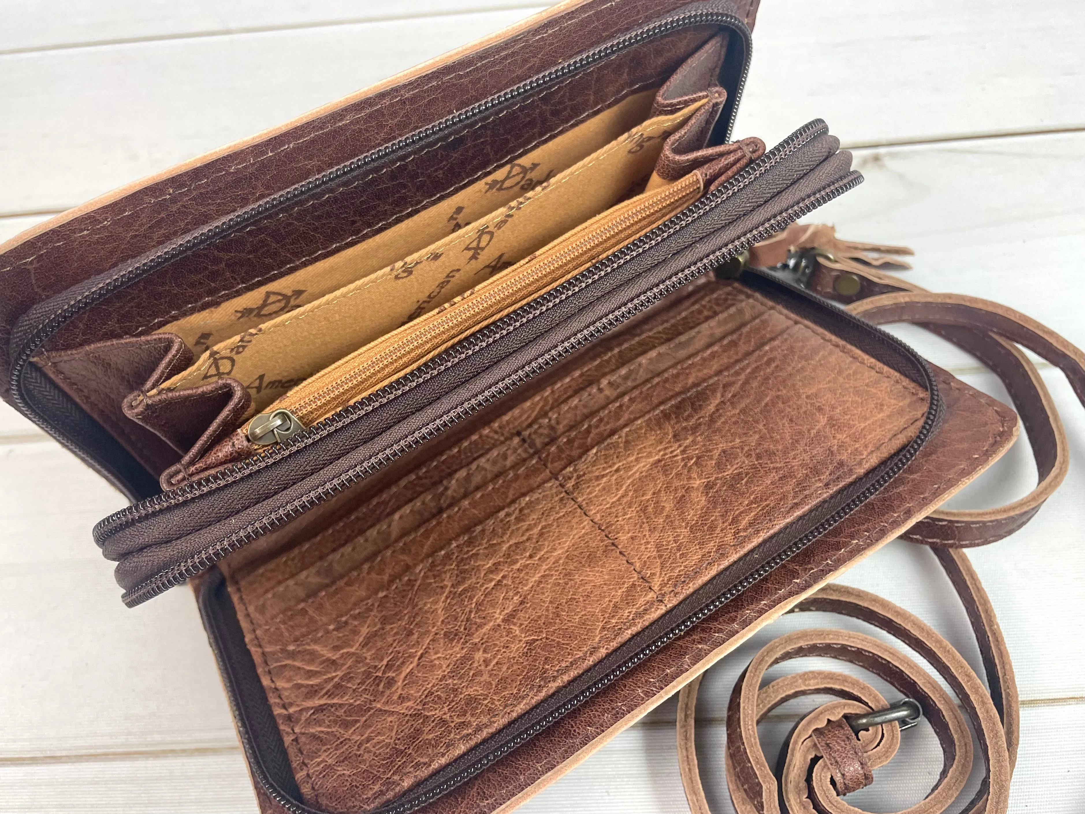 Floral Tooled Leather Red & Cream Wool Inset Carryall Wallet