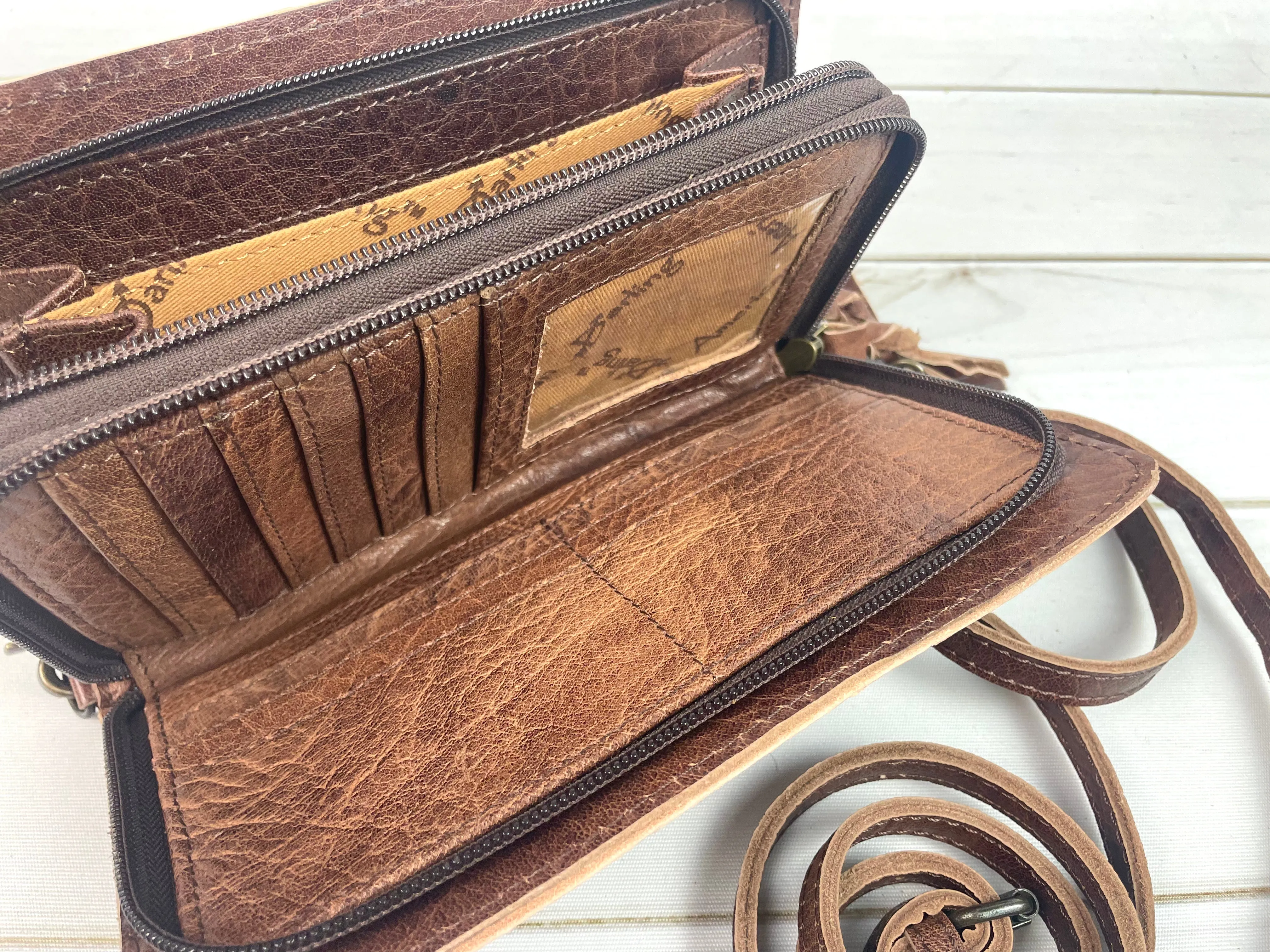 Floral Tooled Leather Red & Cream Wool Inset Carryall Wallet